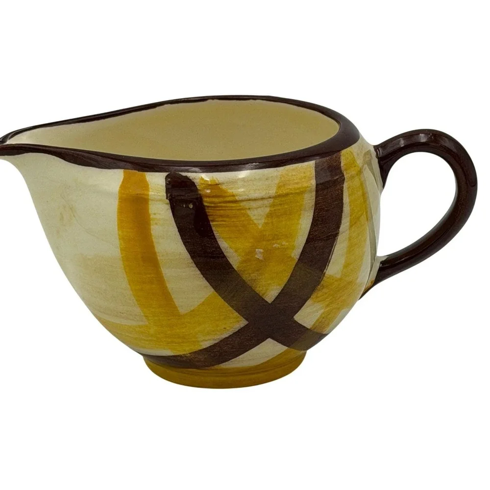 Vtg MCM 50s Vernonware Organdie HandPainted Creamer Pitcher Yellow Brown Gingham